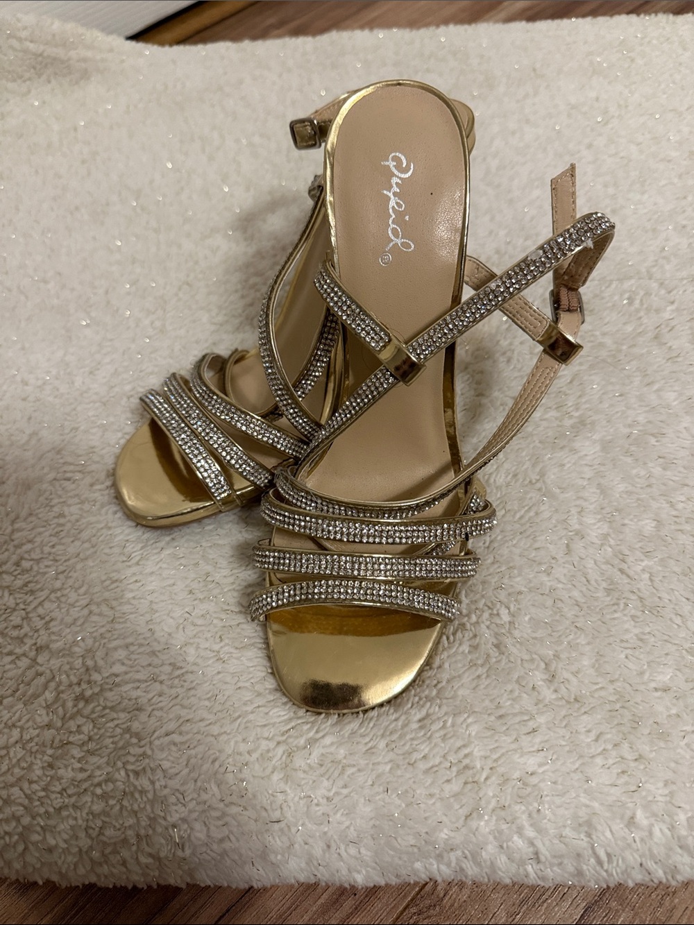 Qupid Gold Rhinestone Strappy Heels size 7